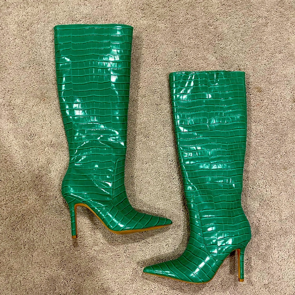 Green Croc Knee High Boots